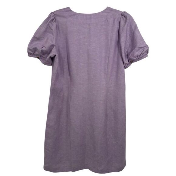 LOFT Orchid Flash Linen Button Front V-Neck Puff Sleeve Dress Size 12 Petite NWT - Picture 5 of 10